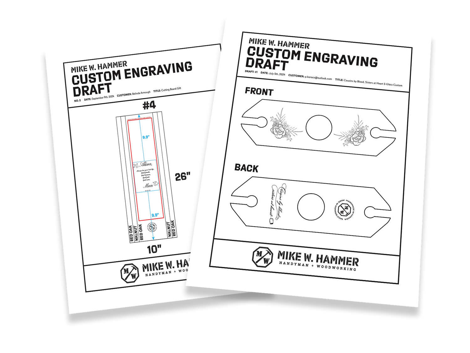 Two custom engraving draft sheets for Mike W. Hammer with measurements and design elements.