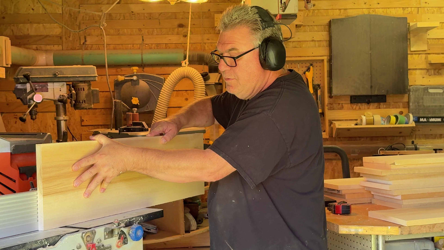 My Dad (Mike) in his workshop joining a piece of Basswood to be made into one of our wall arts.