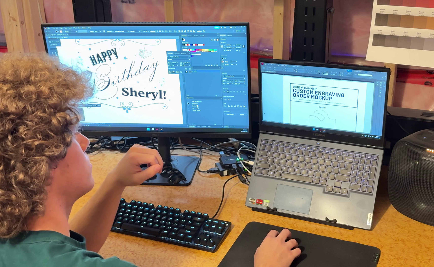 Me (Talon) sitting at my desk before my computer with a custom engraving order mockup in Adobe InDesign on one screen and a birthday message illustration in Adobe Illustrator.